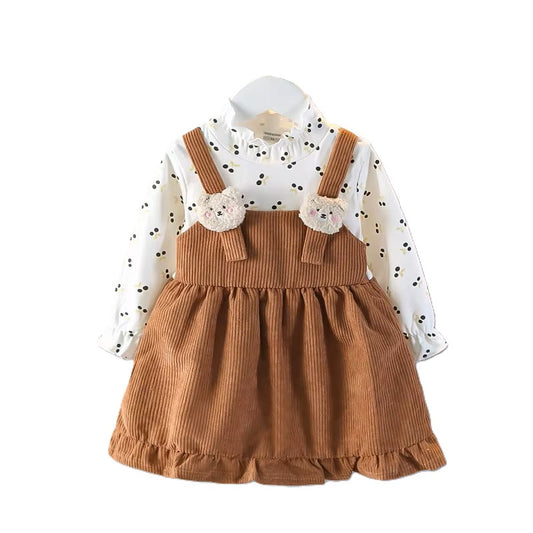 Charming Autumn Dress with Cherry Design and Furry Bear Suspender