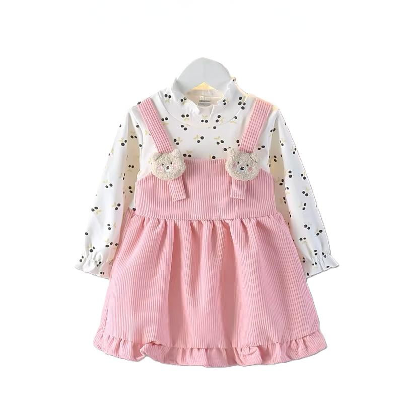 Charming Autumn Dress with Cherry Design and Furry Bear Suspender
