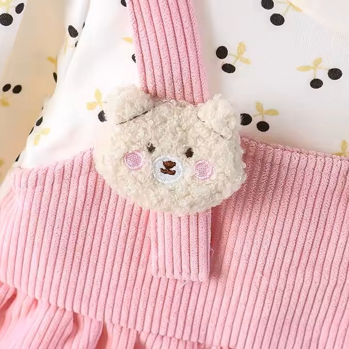 Charming Autumn Dress with Cherry Design and Furry Bear Suspender