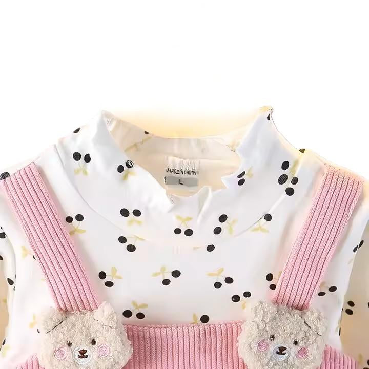 Charming Autumn Dress with Cherry Design and Furry Bear Suspender