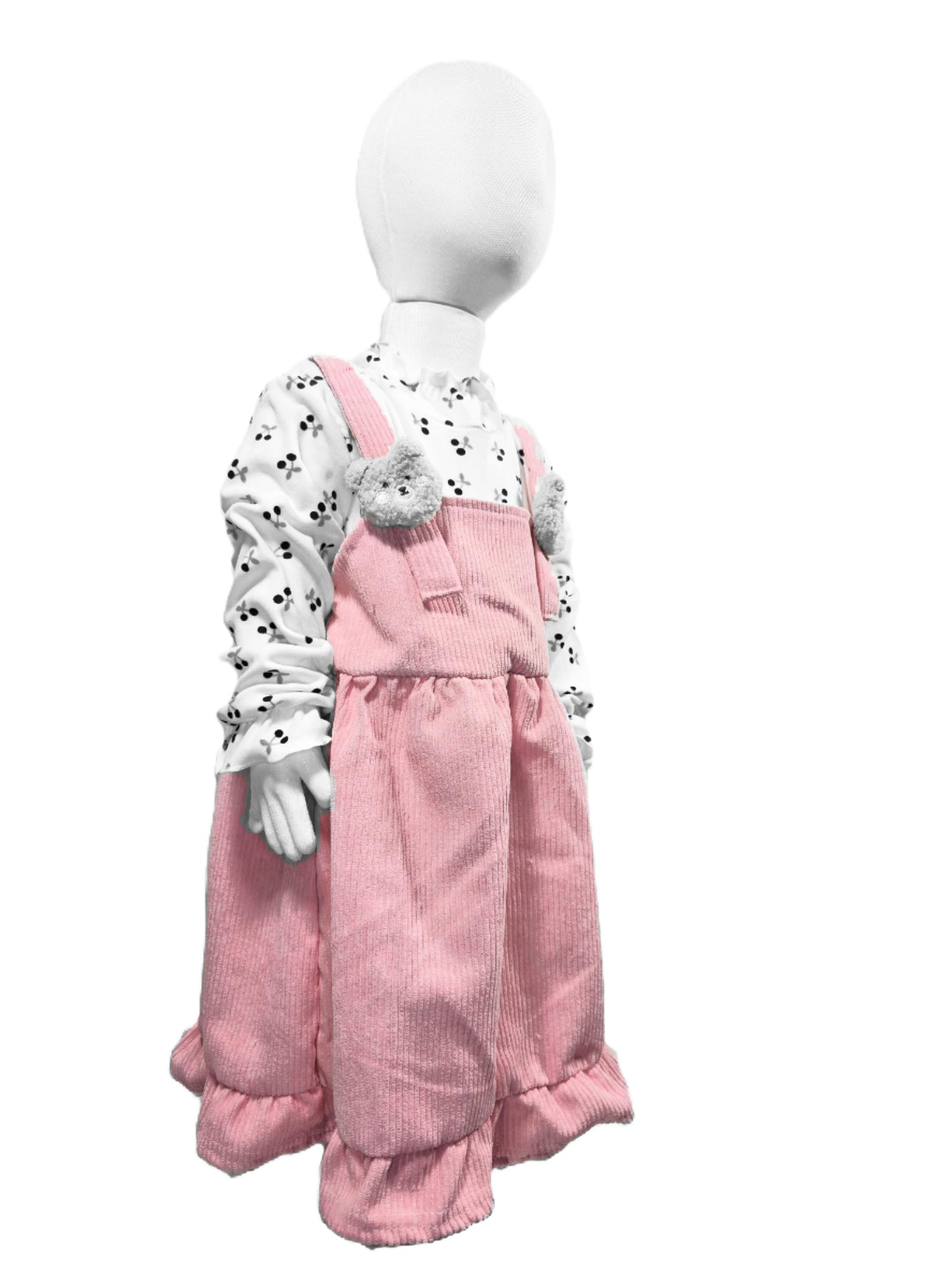 Charming Autumn Dress with Cherry Design and Furry Bear Suspender