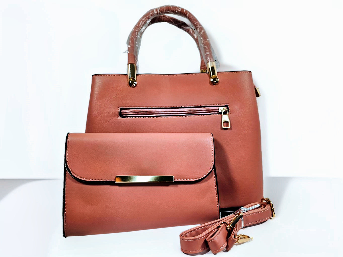 Pink PU Leather Luxury Handbag with Gold Accents and Top Handle – Includes Matching Extra Small Purse